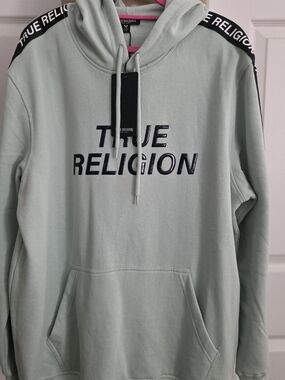 True Religion Mint Green Pullover Hoodie with Black Logo Tape